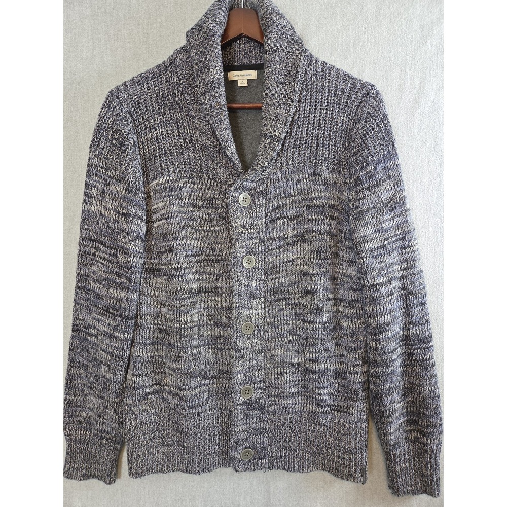 Calvin Klein M Cardigan Sweater Shawl Collar Marled Gray Ribbed Grandpacore Dad